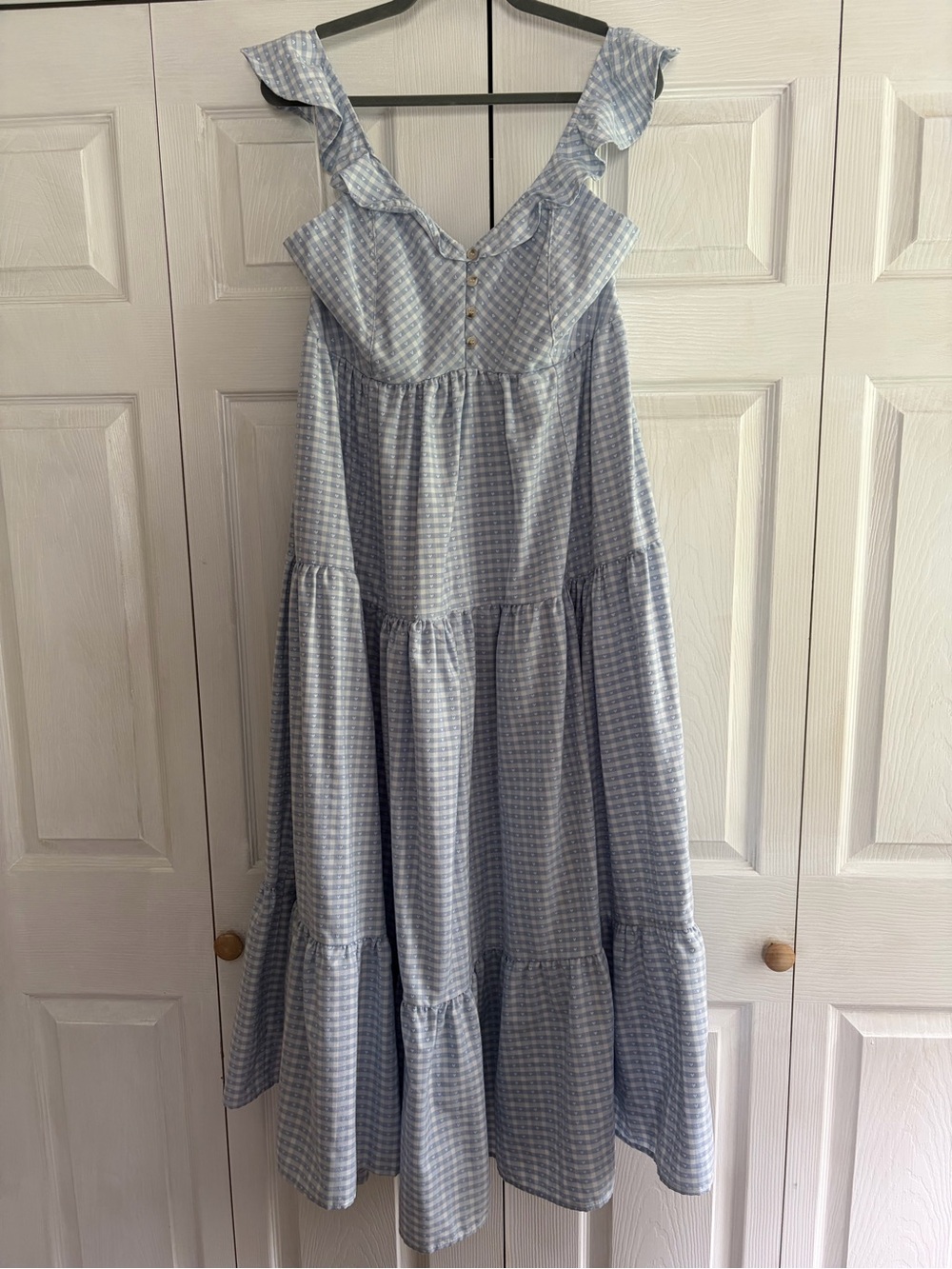 Blue Gingham Ruffle Maxi Dress